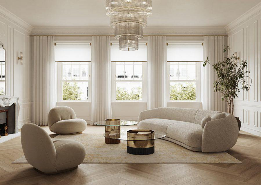 Elegant living room with custom roller shades and drapery